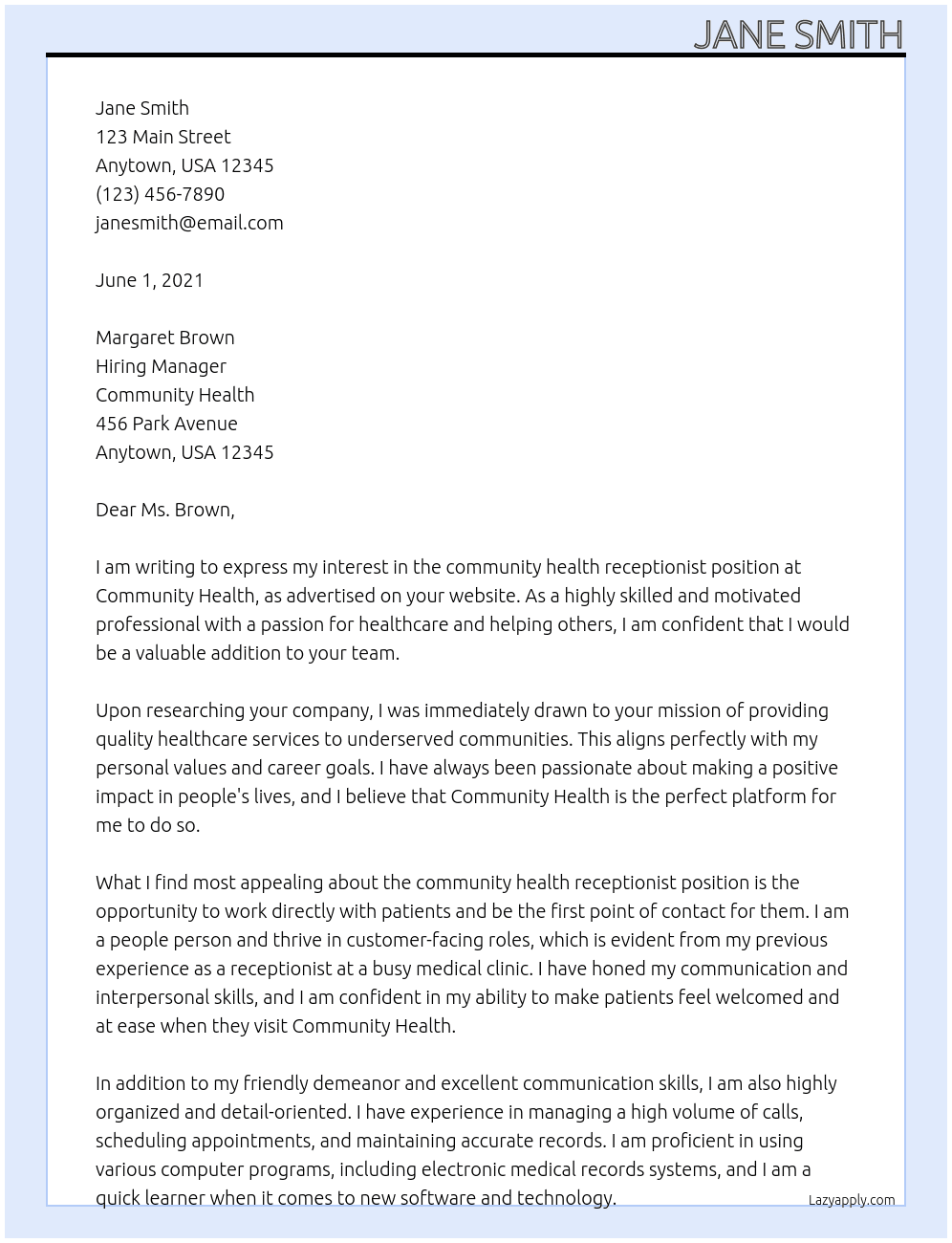 community health receptionist At Community health Cover Letter