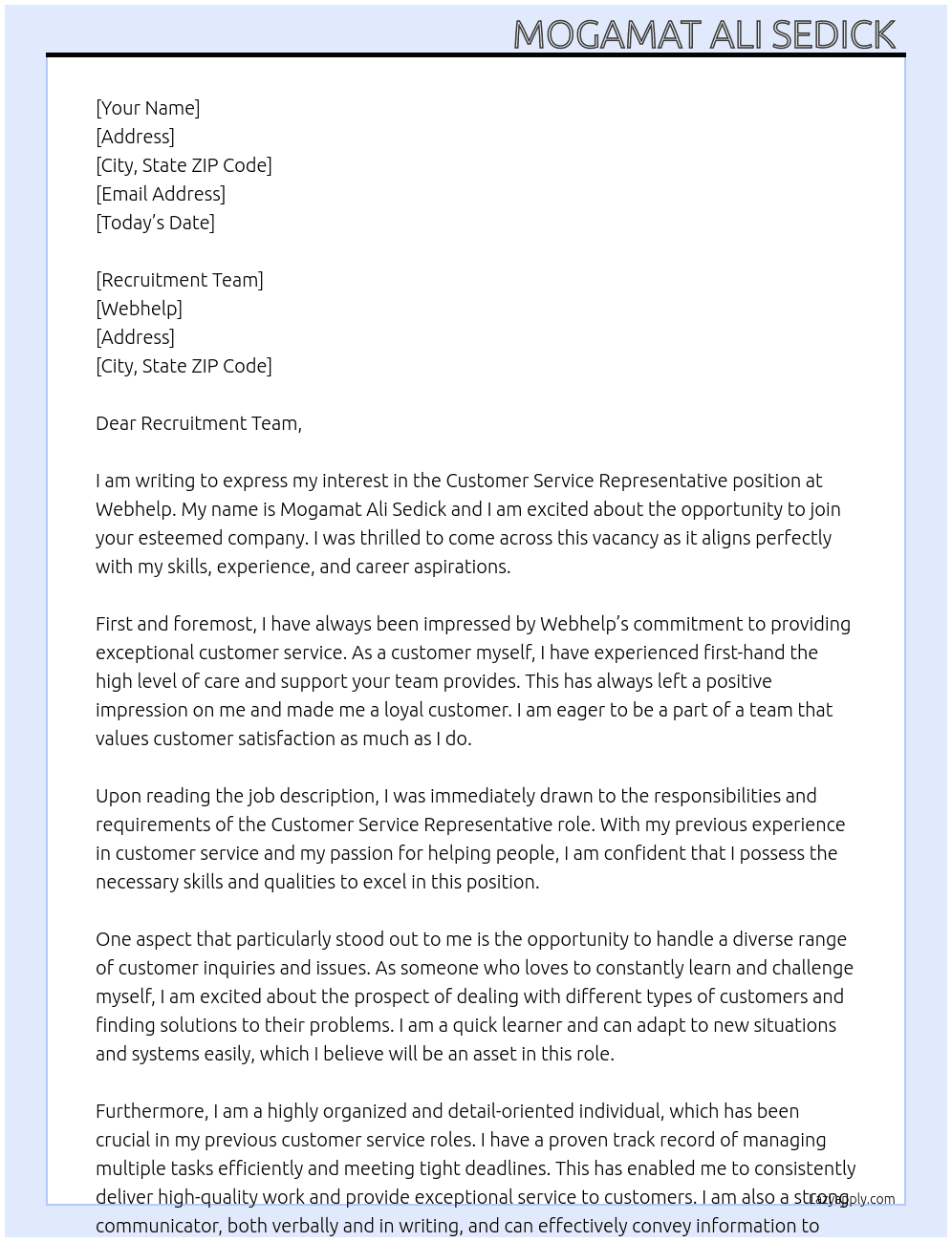 Customer Service Representative At Webhelp Cover Letter