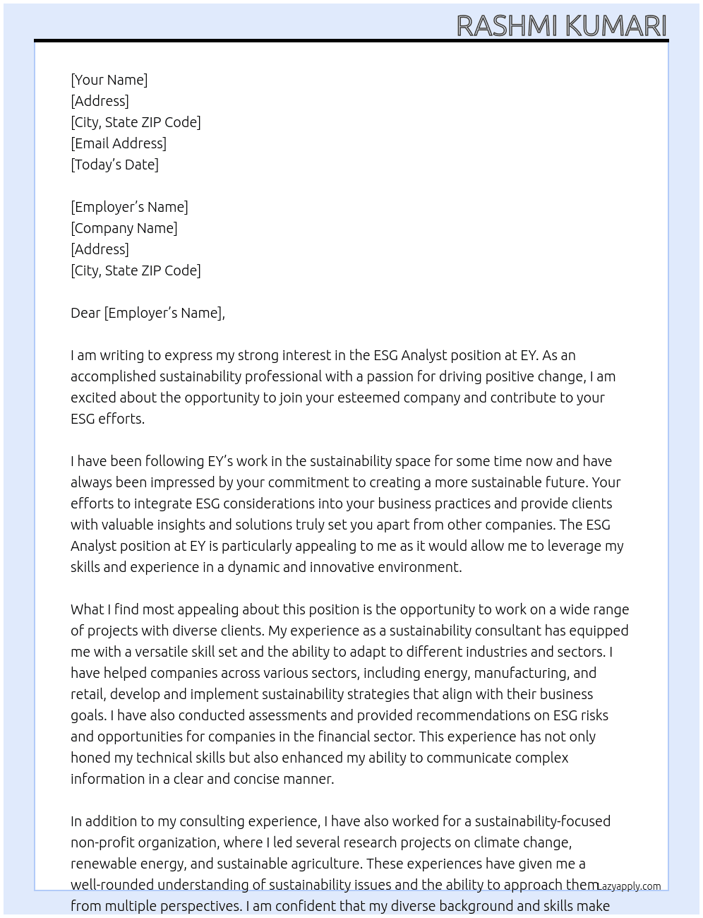 ESG Analyst At EY Cover Letter