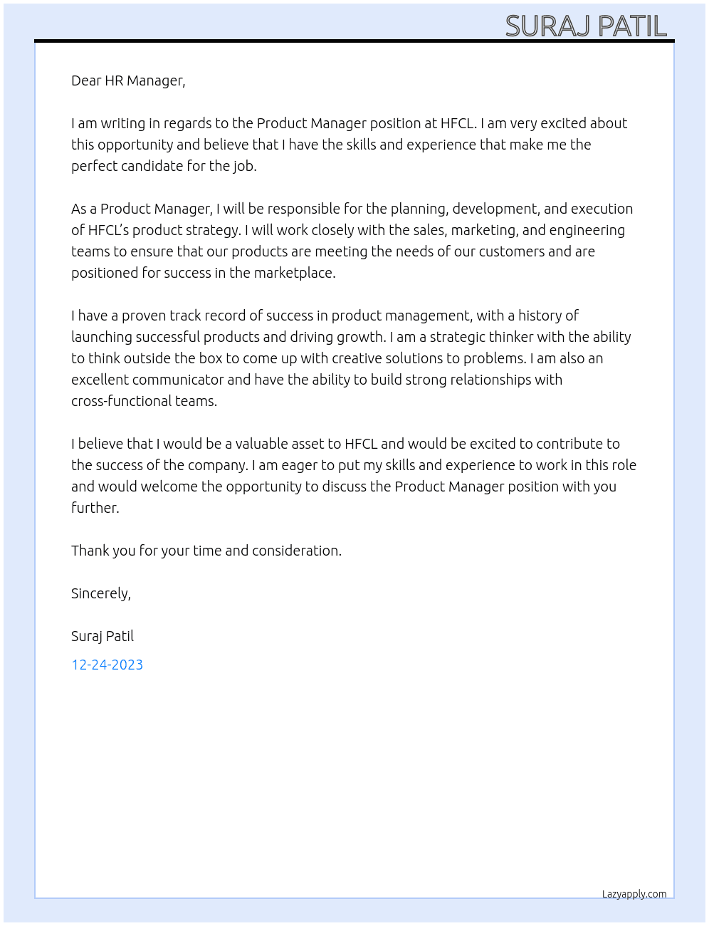 Product manager  At HFCL Cover Letter