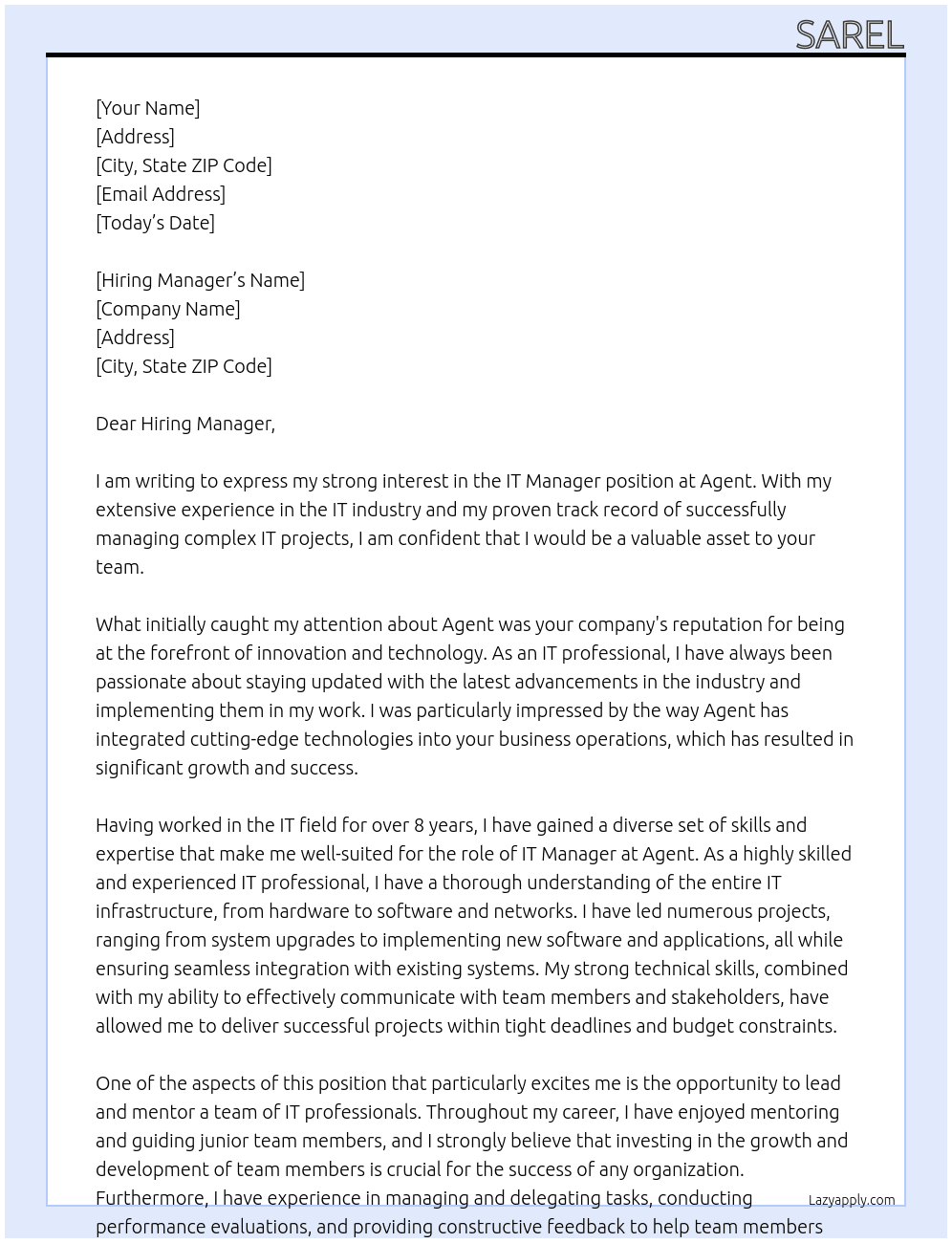 IT Manager At Agent Cover Letter