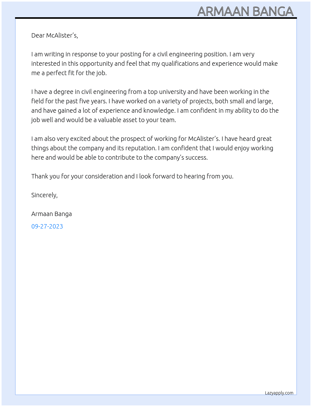 Civil engineering  At McAlister’s  Cover Letter