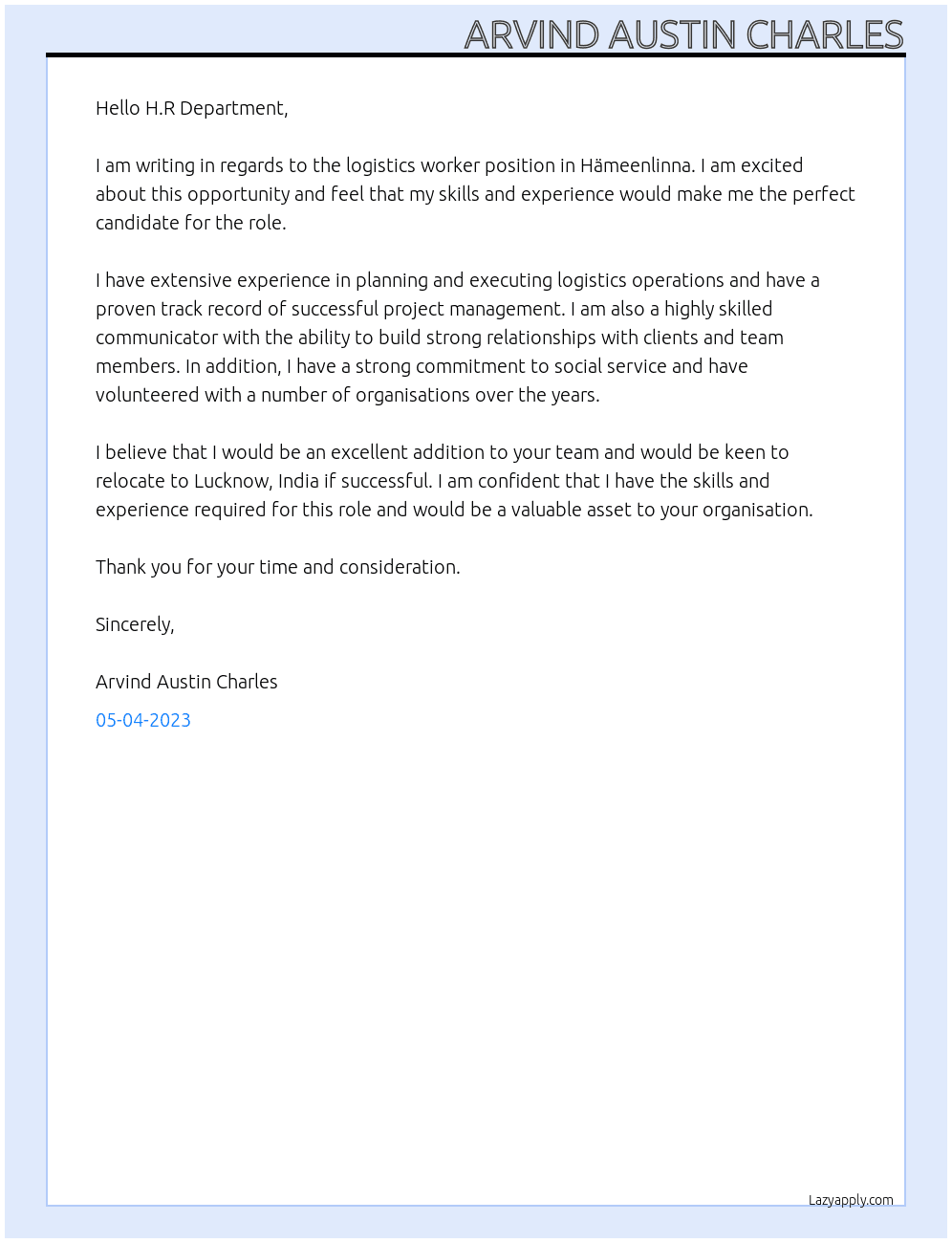 Logistics worker in Hämeenlinna At Optimax Human Resources solutions, Lauri Eerola Cover Letter