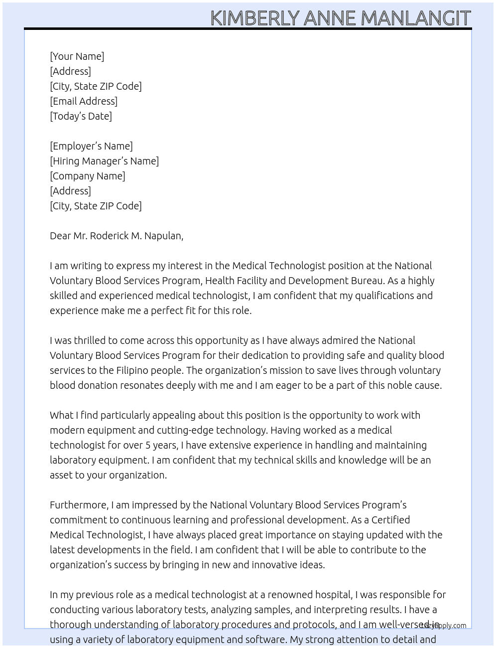medical technologist At National Voluntary Blood Services Program, Health Facility and Development Bureau Cover Letter