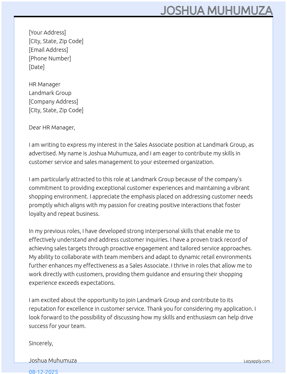 sales associate At landmark group Cover Letter