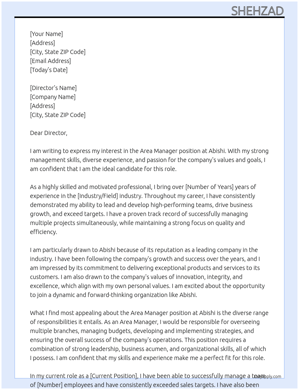 AREA MANAGER At ABHISHI Cover Letter