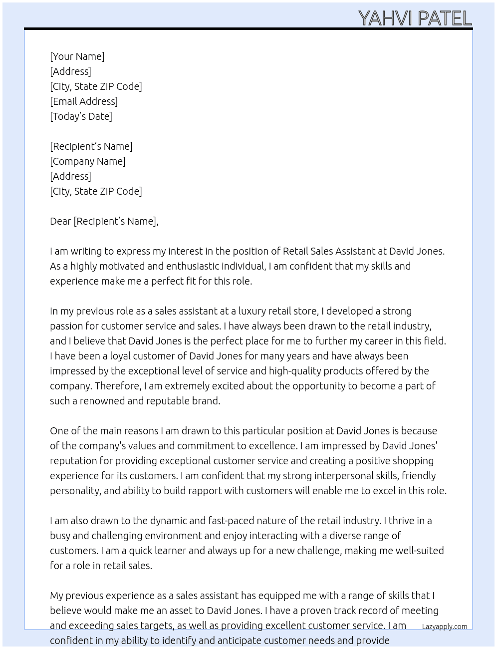 retail sales assistant At David Jones Cover Letter