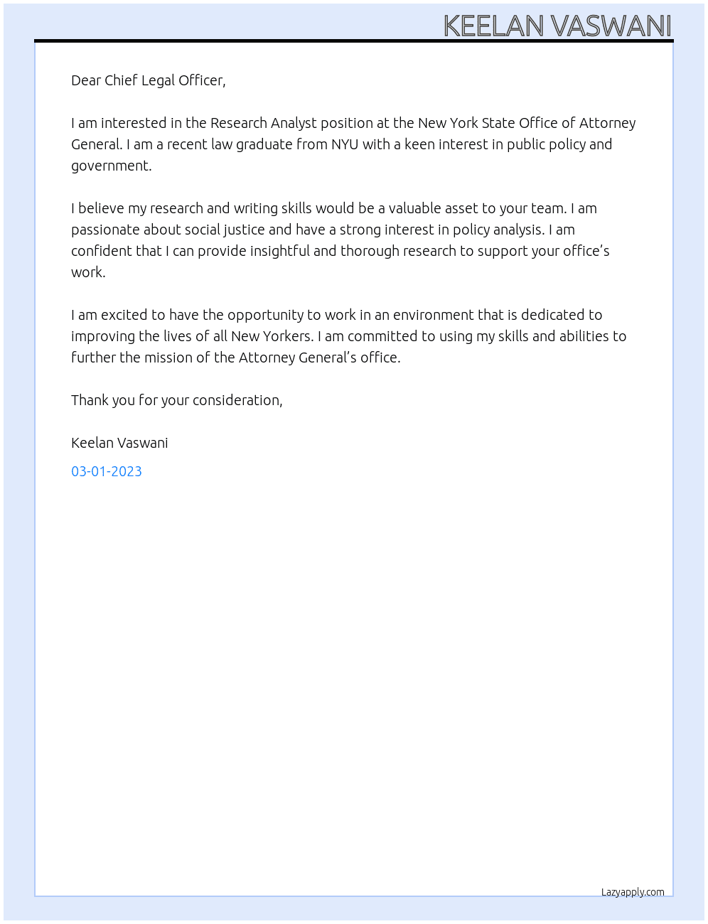 Research Analyst At New York State Office of Attorney General Cover Letter