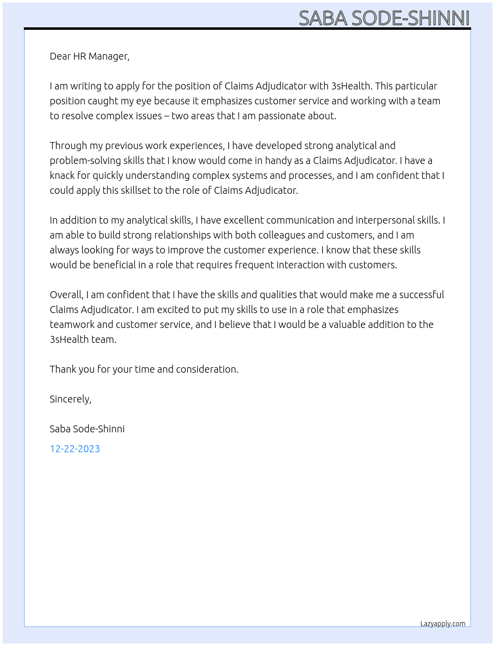 Cover letter for claims adjudicator - LazyApply