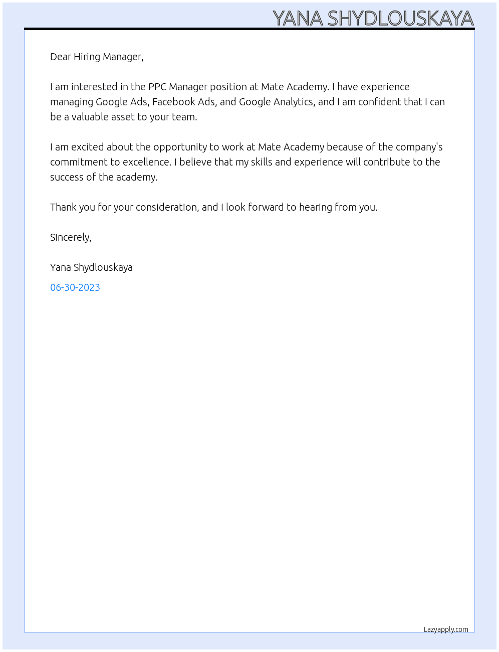 PPC Manager At Mate academy Cover Letter