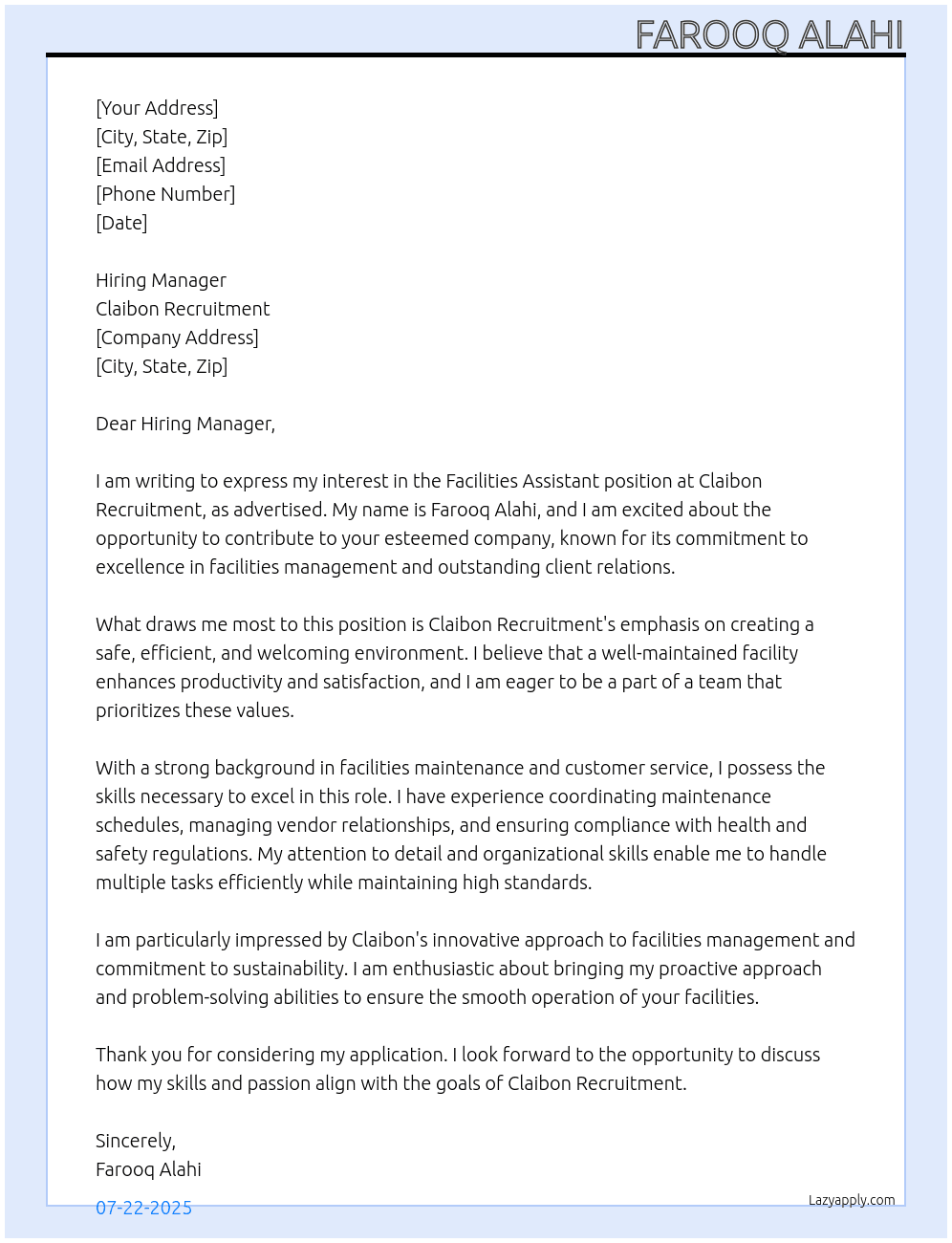 Cover letter for facilities assistant - LazyApply