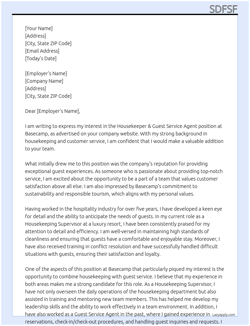 Housekeeper & Guest Service Agent At Basecamp Cover Letter