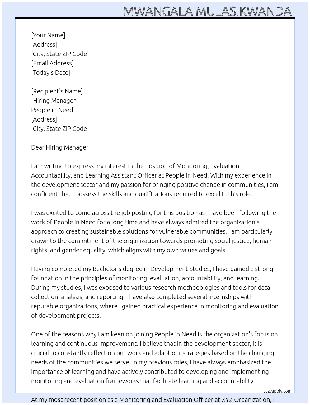 Monitoring, evaluation, accountability and learning assistant officer At People in Need Cover Letter