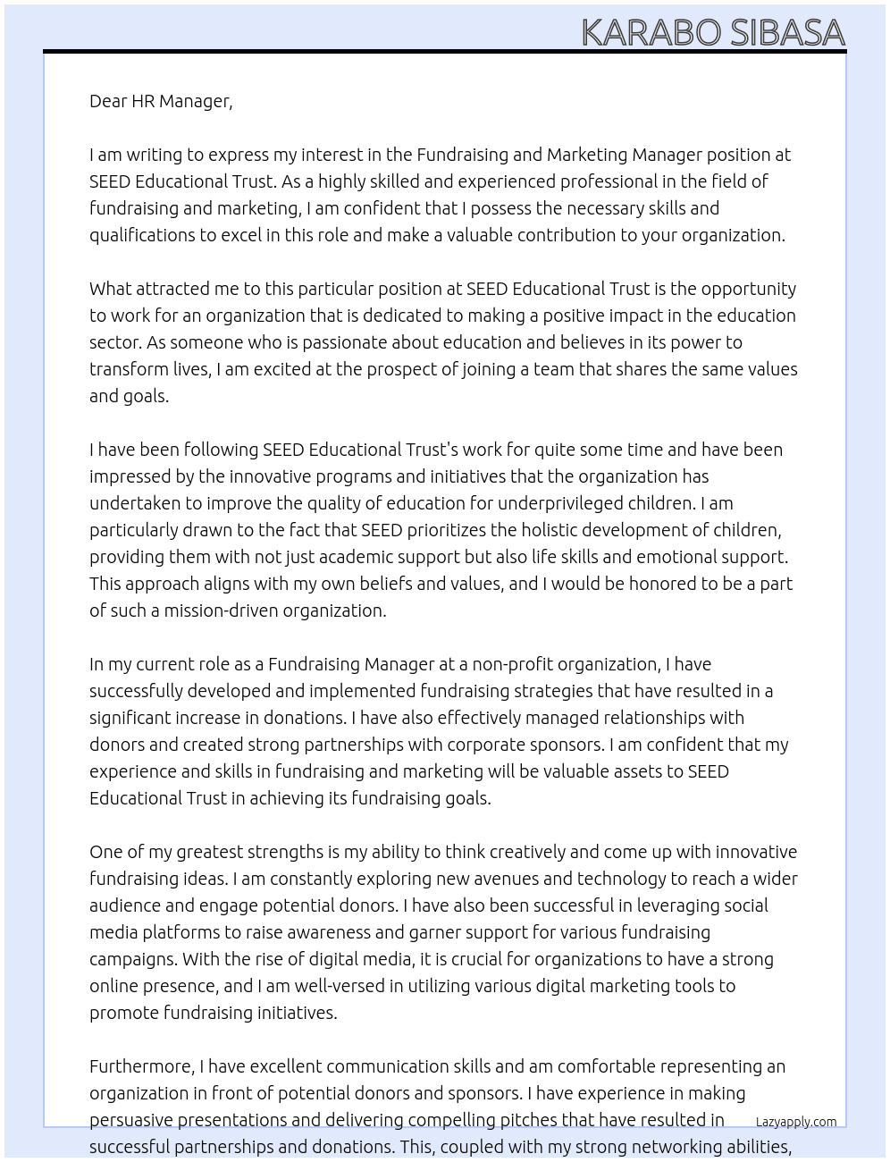 Fundraising and Marketing Manager At SEED Educational Trust Cover Letter