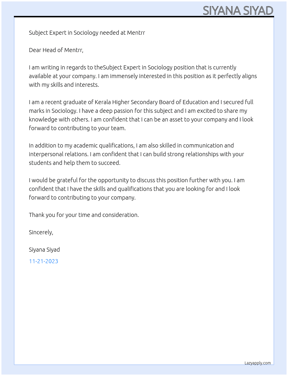 subject expert in sociologyu At mentrr Cover Letter