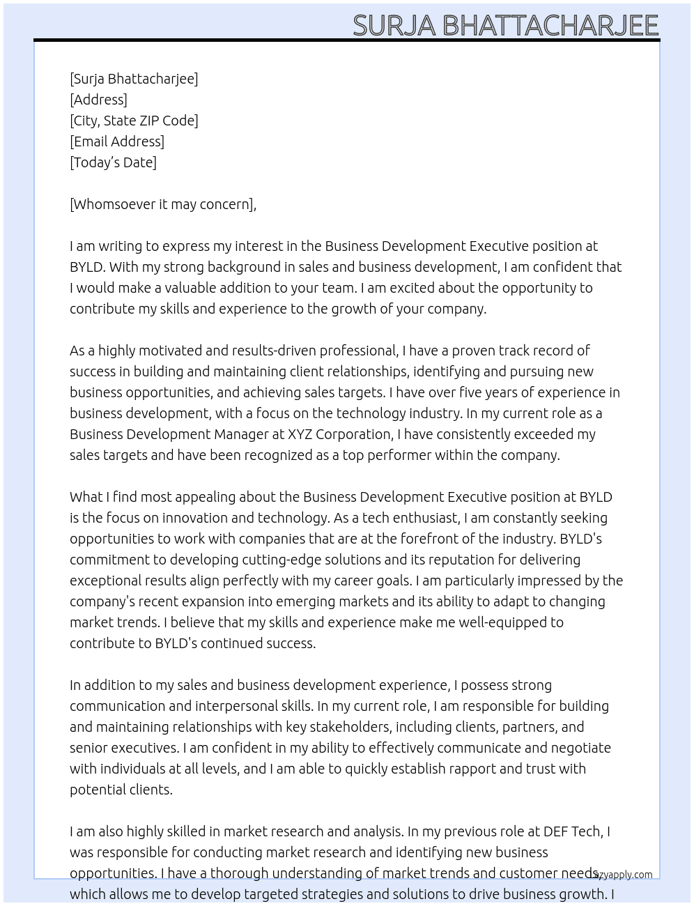 Business Development Executive At BYLD Cover Letter