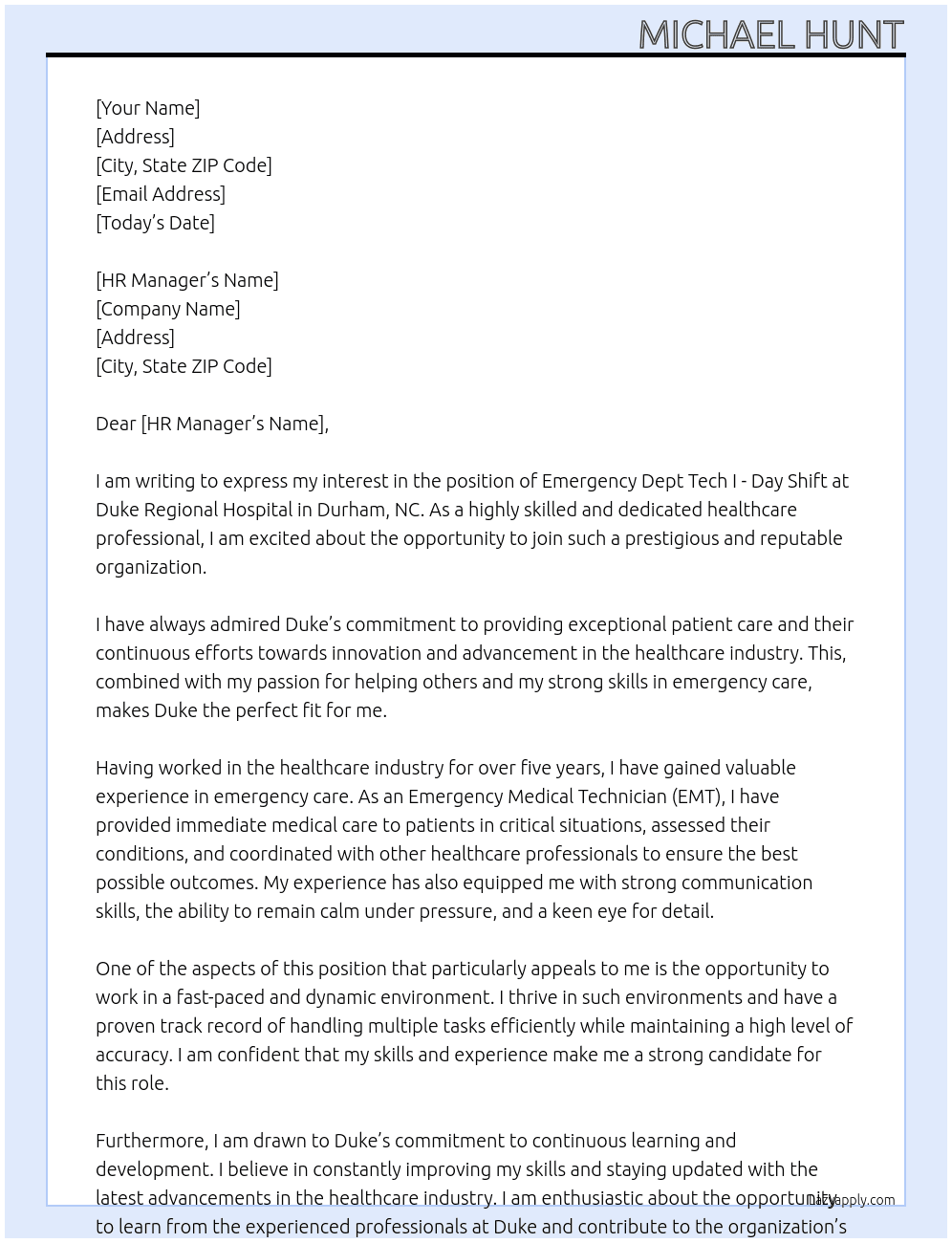 Emergency Dept Tech I - Day Shift - Duke Regional Hospital - Durham, NC At Duke  Cover Letter