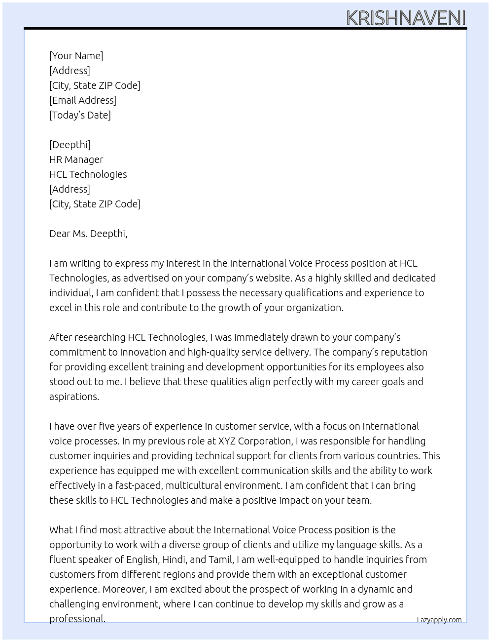 International voice process At HCL technologies Cover Letter