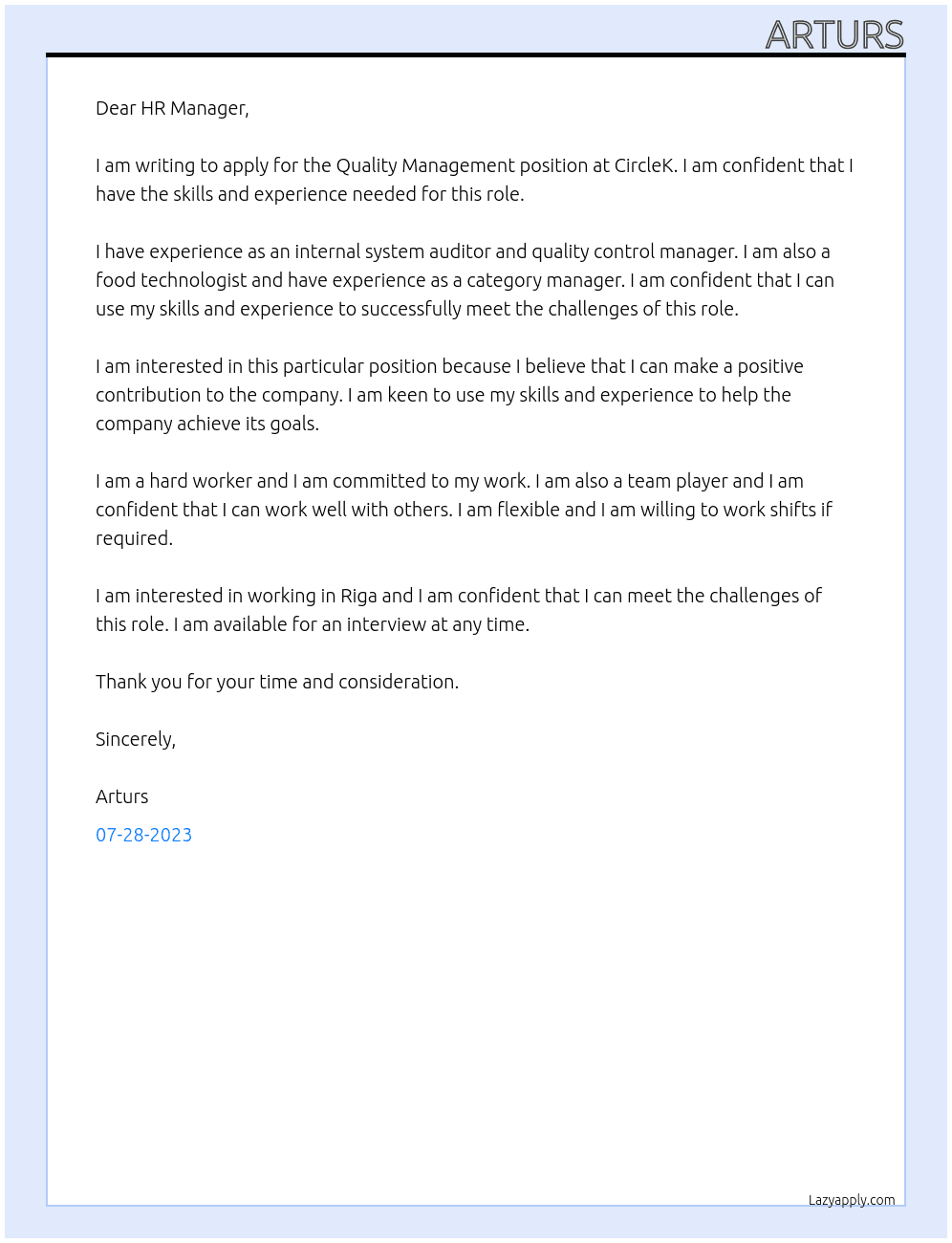 Quality Management  At CircleK Cover Letter