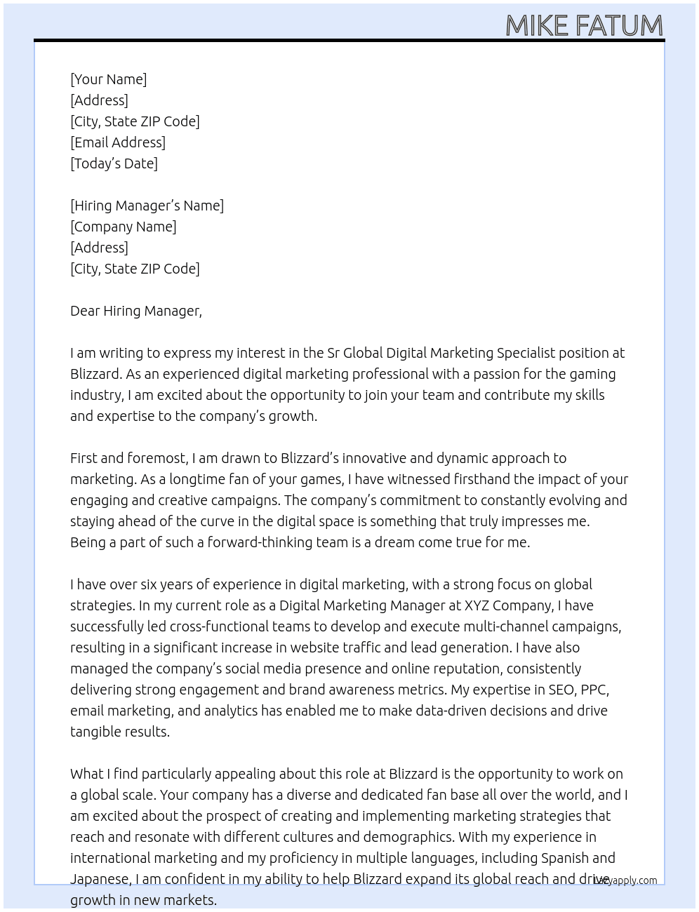 Sr Global Digital Marketing Specialist At Blizzard Cover Letter