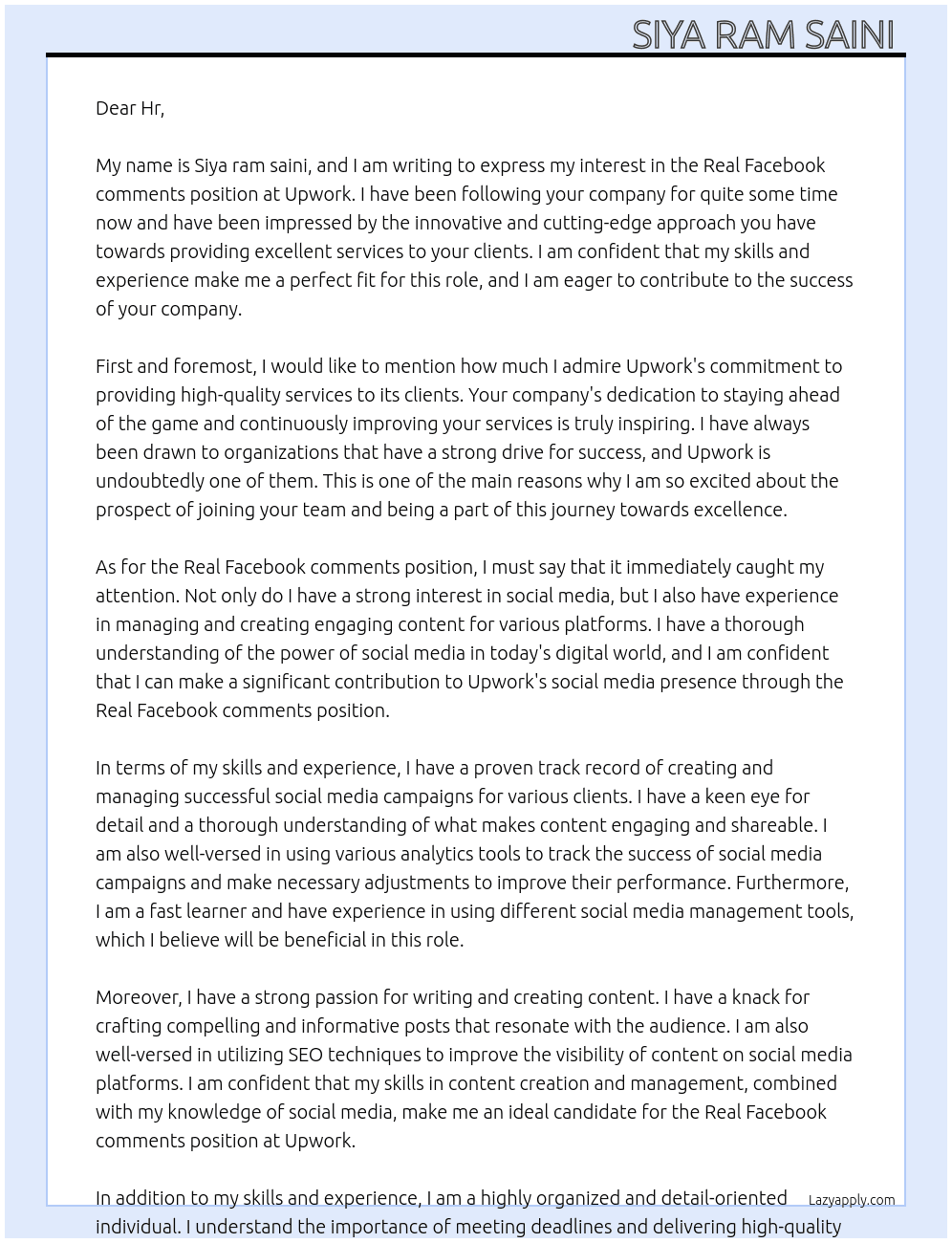 Cover letter for real facebook comments - LazyApply