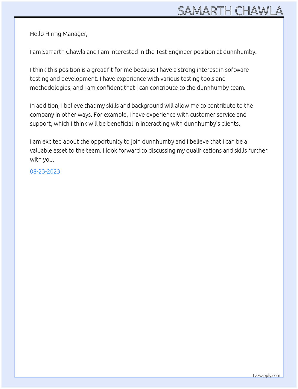Test Engineer At dunnhumby Cover Letter