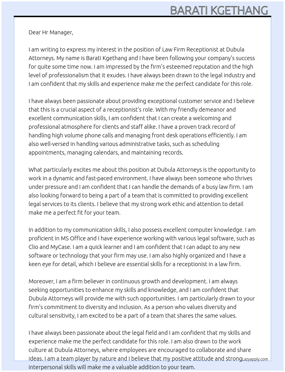 Law firm receptionist  At Dubula Attorneys  Cover Letter