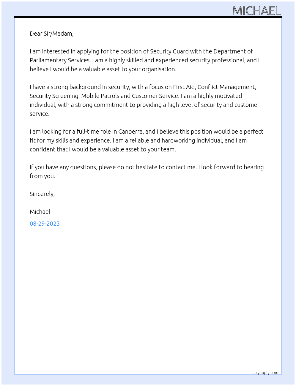 Security Guard At Department of Parliamentary Services Cover Letter