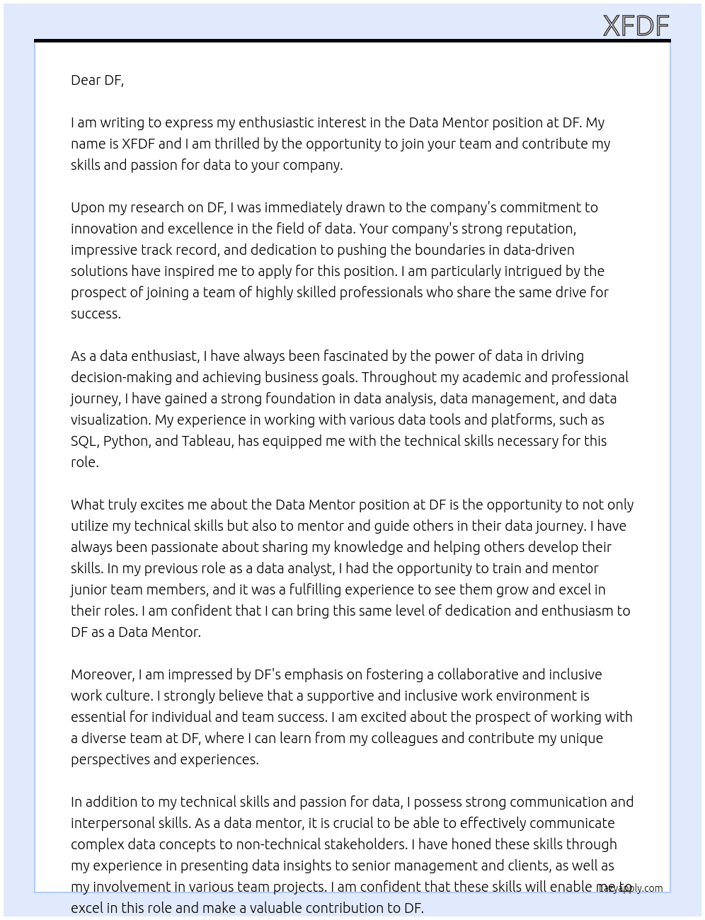 data mentor At df Cover Letter