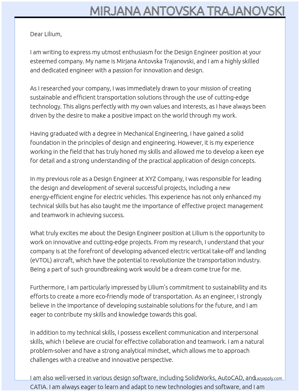 Design Engineer At Lilium Cover Letter