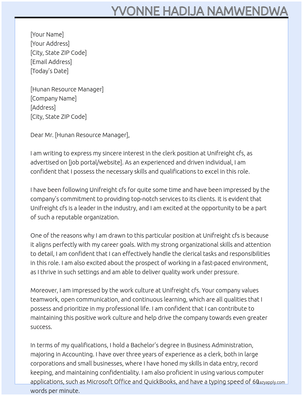 clerk At Unifreight cfs Cover Letter