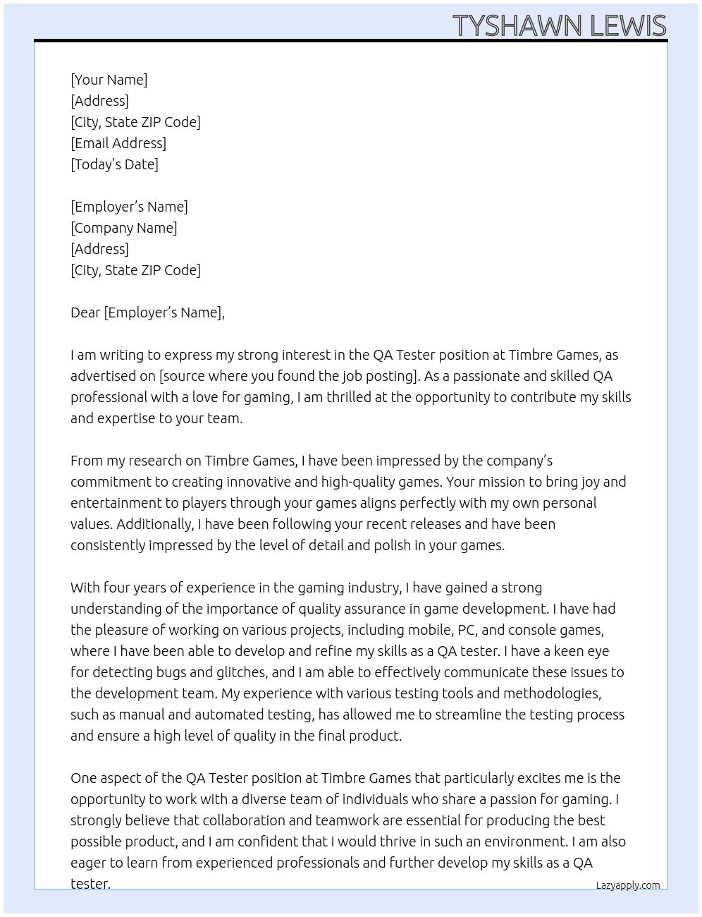 QA tester At Timbre Games Cover Letter