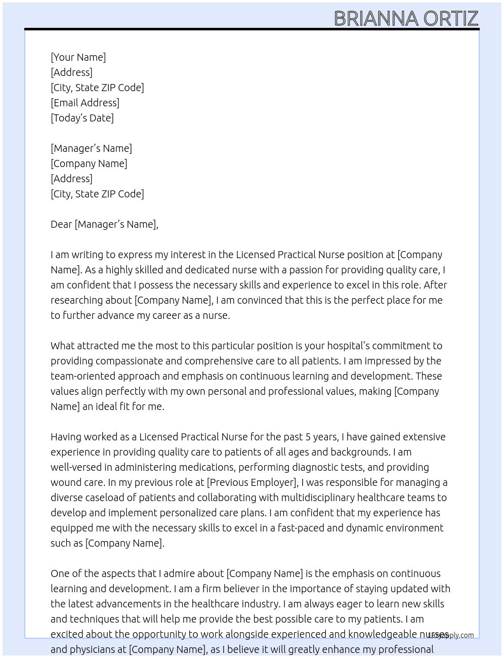 Licensed Practical Nurse At Hospital  Cover Letter