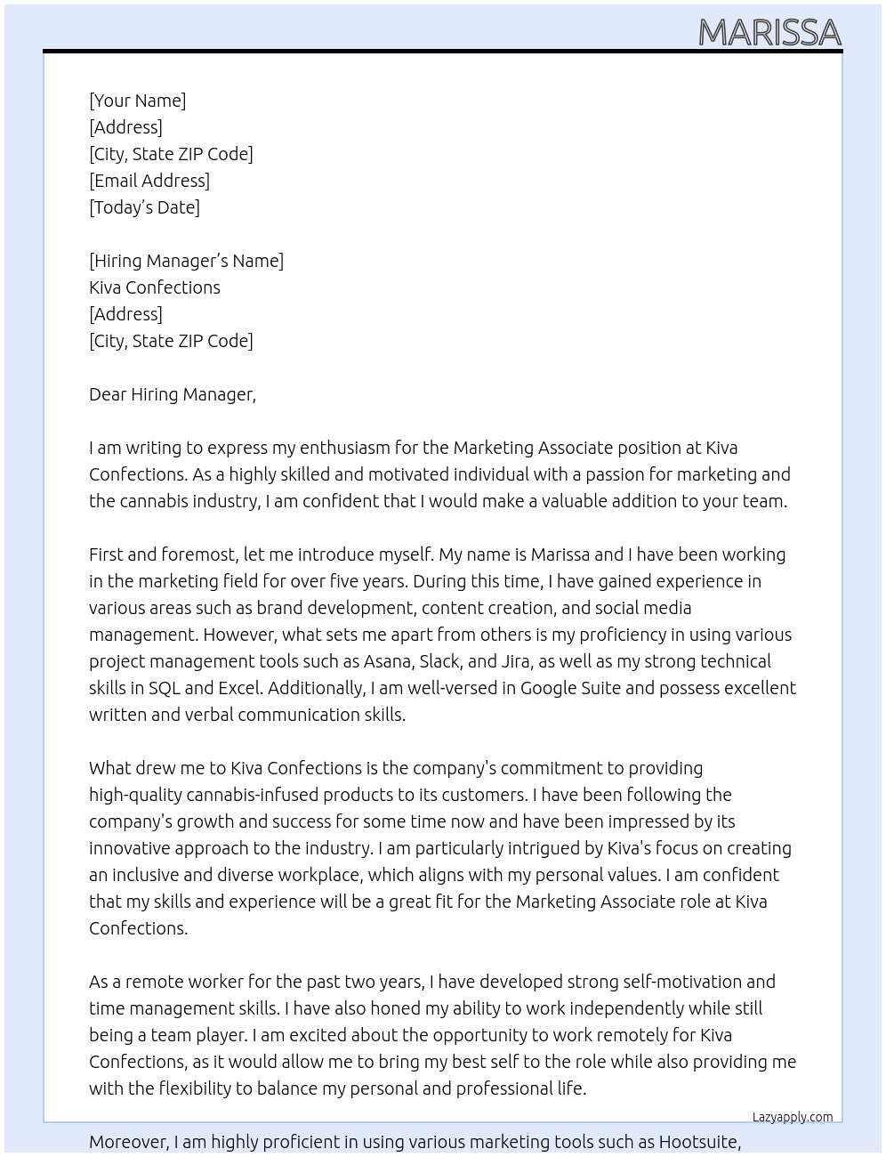 Marketing Associate At Kiva Confections Cover Letter