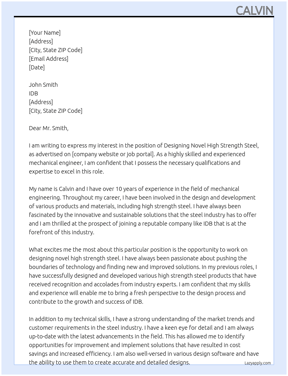 designing novel high strength steel At IDB Cover Letter