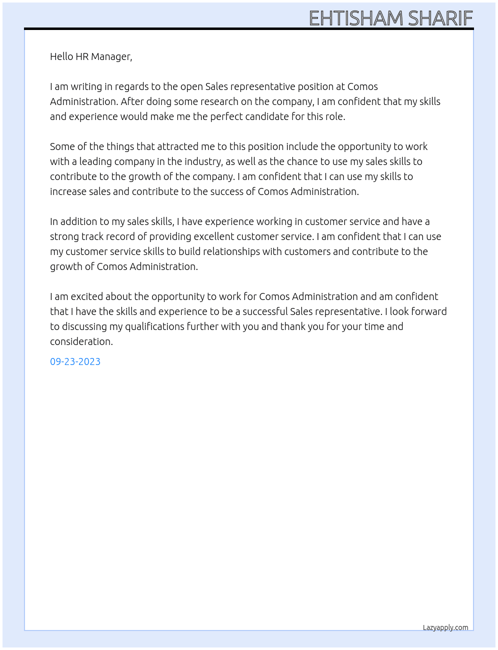 Sales representative At Comos Administration  Cover Letter