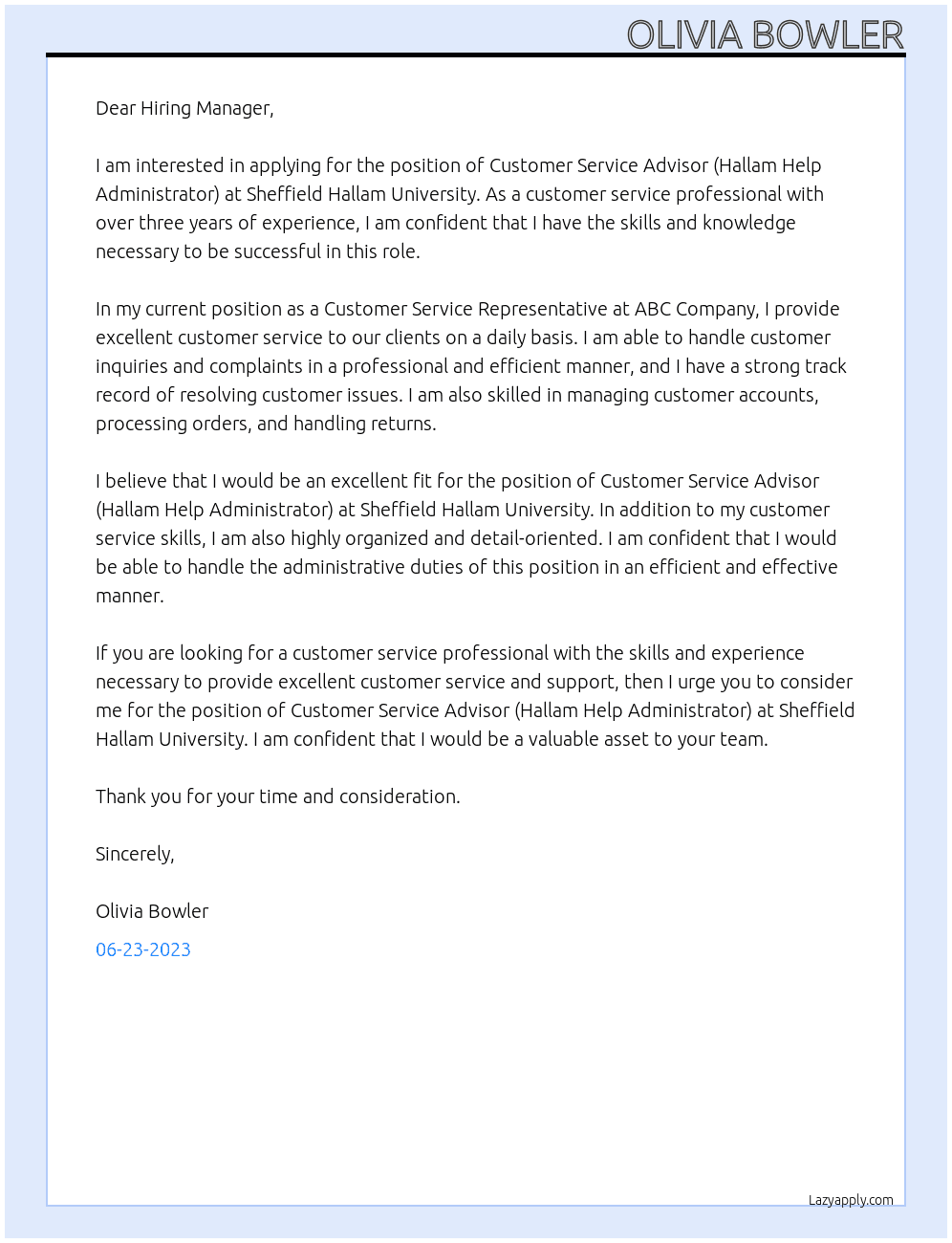 Customer Service Advisor (Hallam Help Administrator) At Sheffield Hallam University Cover Letter