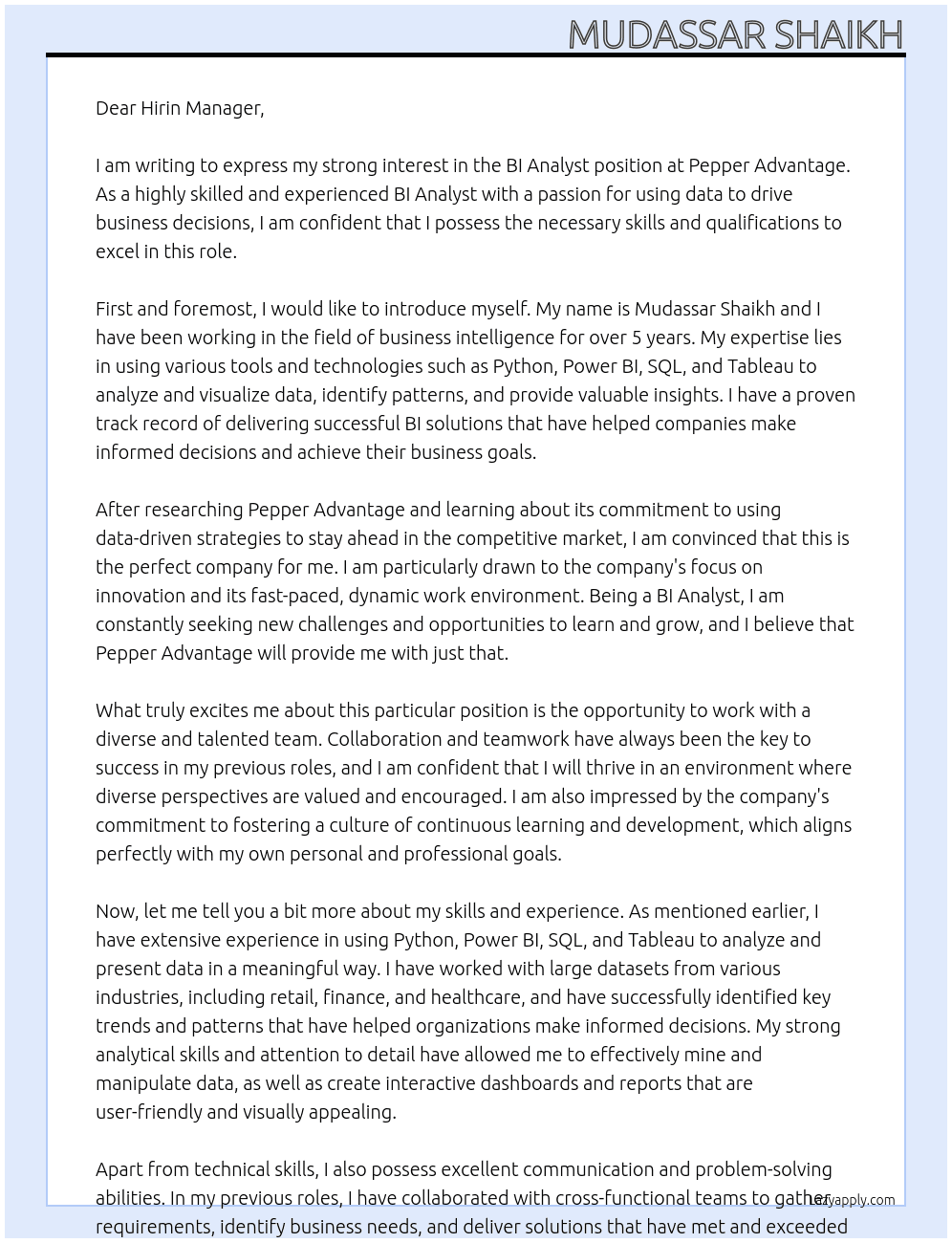 BI Analyst At Pepper Advantage Cover Letter