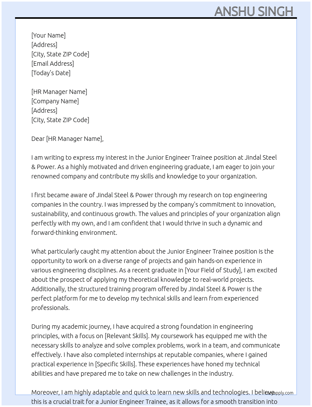 Junior engineer Trainee  At Jindal steel & power  Cover Letter