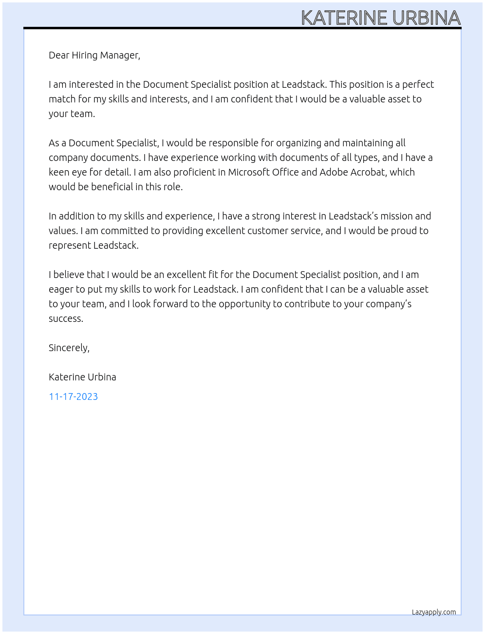 Document Specialist At Leadstack Cover Letter