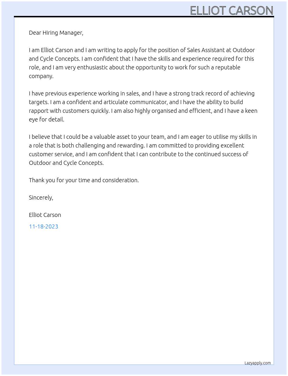 Sales Assistant At Outdoor and Cycle Concepts Cover Letter
