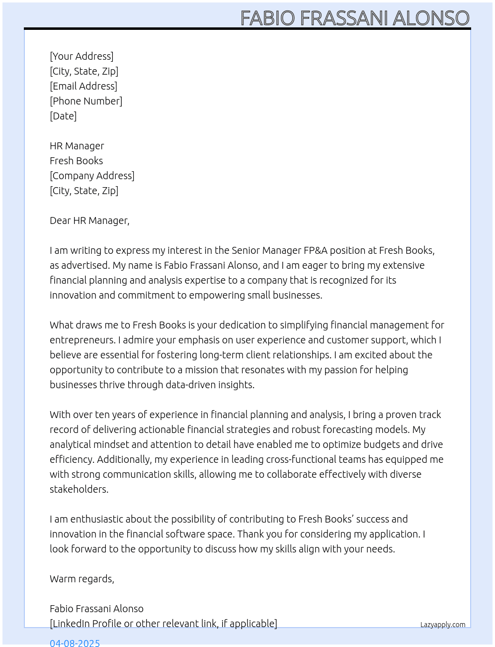 Senior Manager FP&A At Fresh Books Cover Letter