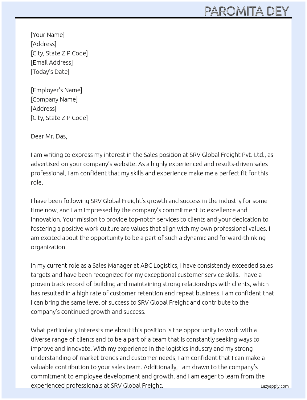 Sales  At SRV Global Freight Pvt. Ltd.  Cover Letter