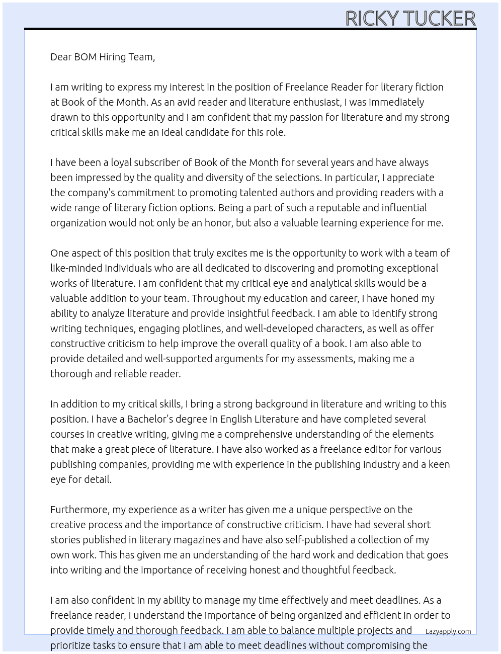 Freelance Reader, literary fiction  At Book of the Month  Cover Letter