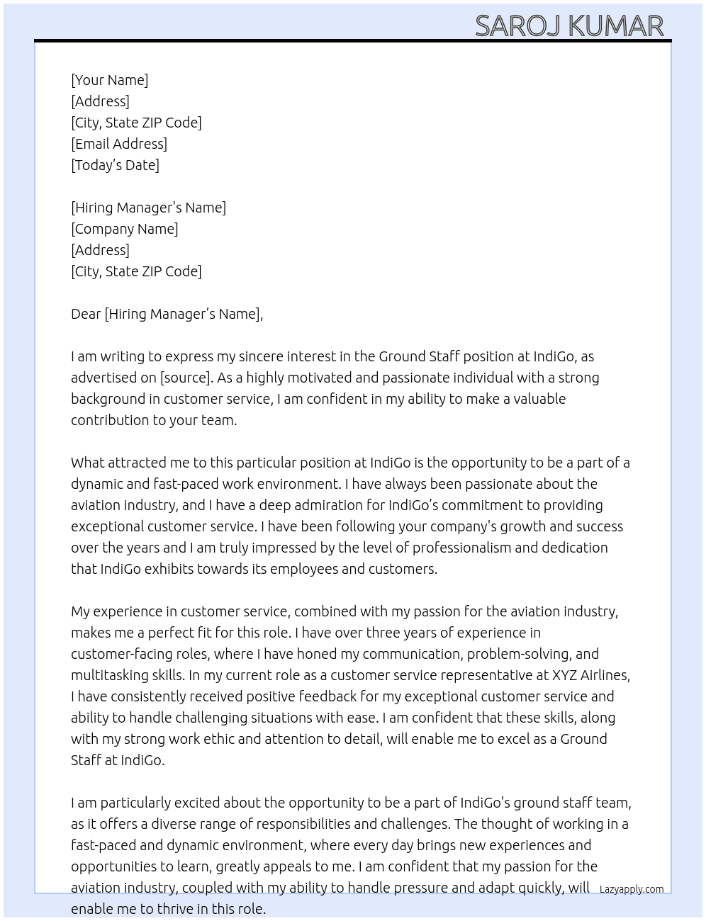 Ground staff At Indi go Cover Letter
