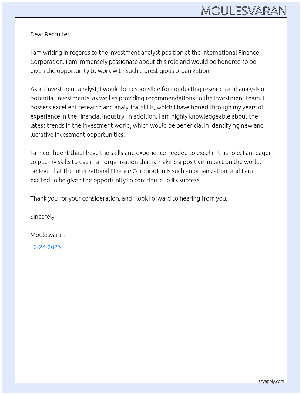 INVESTMENT ANALYST At INTERNATIONAL FINANCE CORPORATION Cover Letter