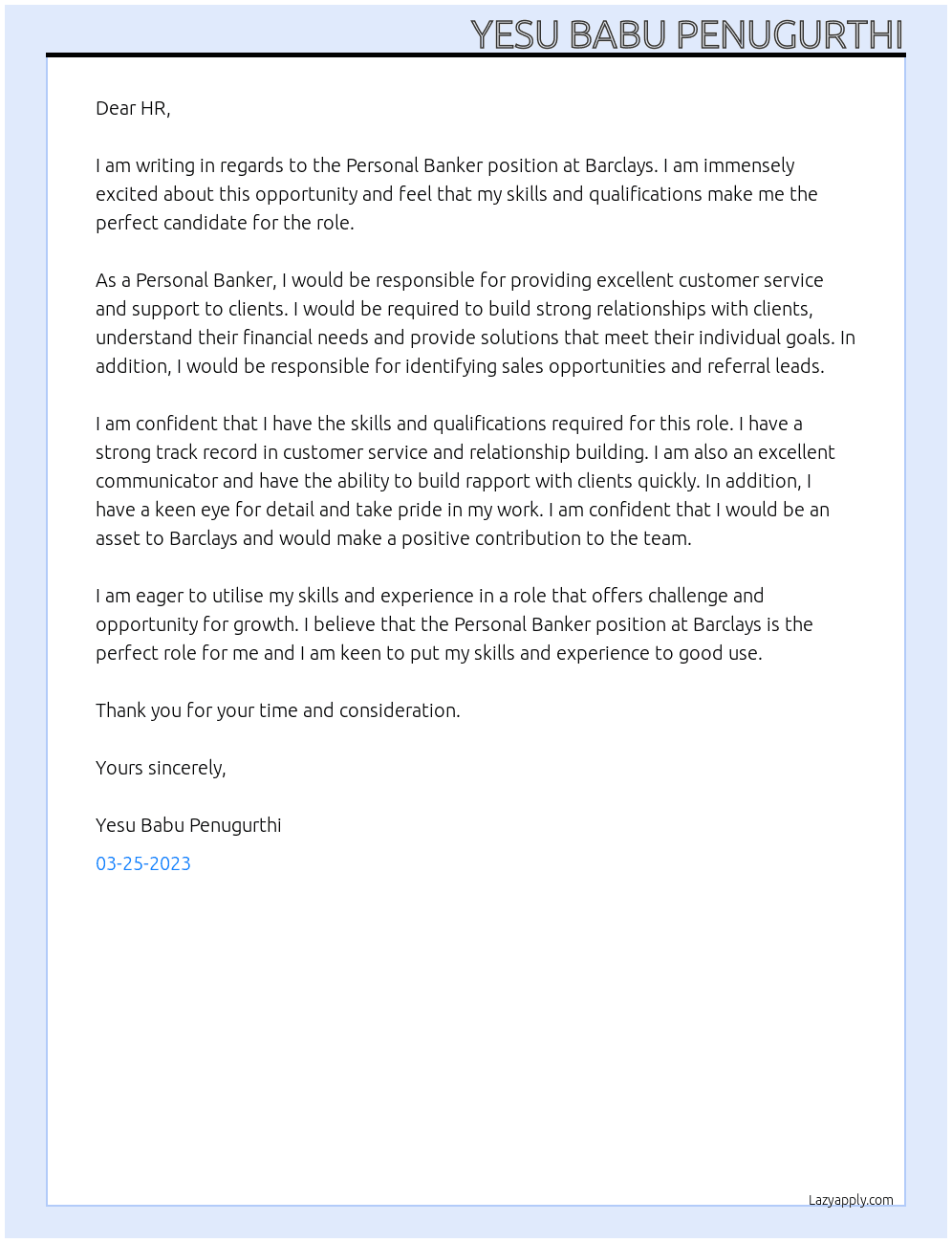 Personal Banker At BARCLAYS Cover Letter