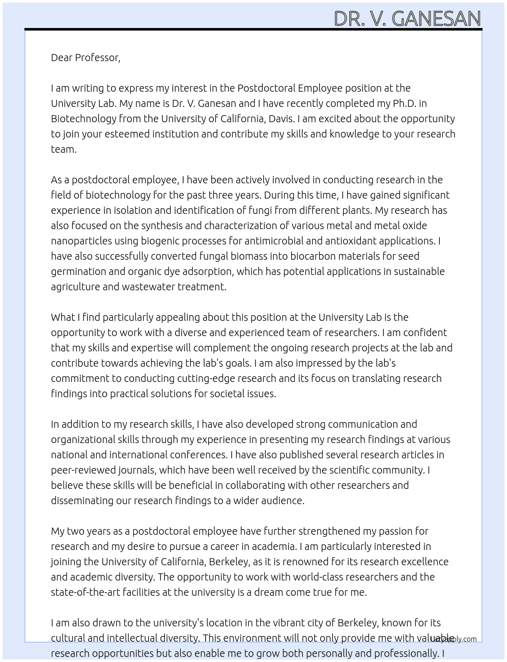 Postdoctoral Employee At university Lab Cover Letter