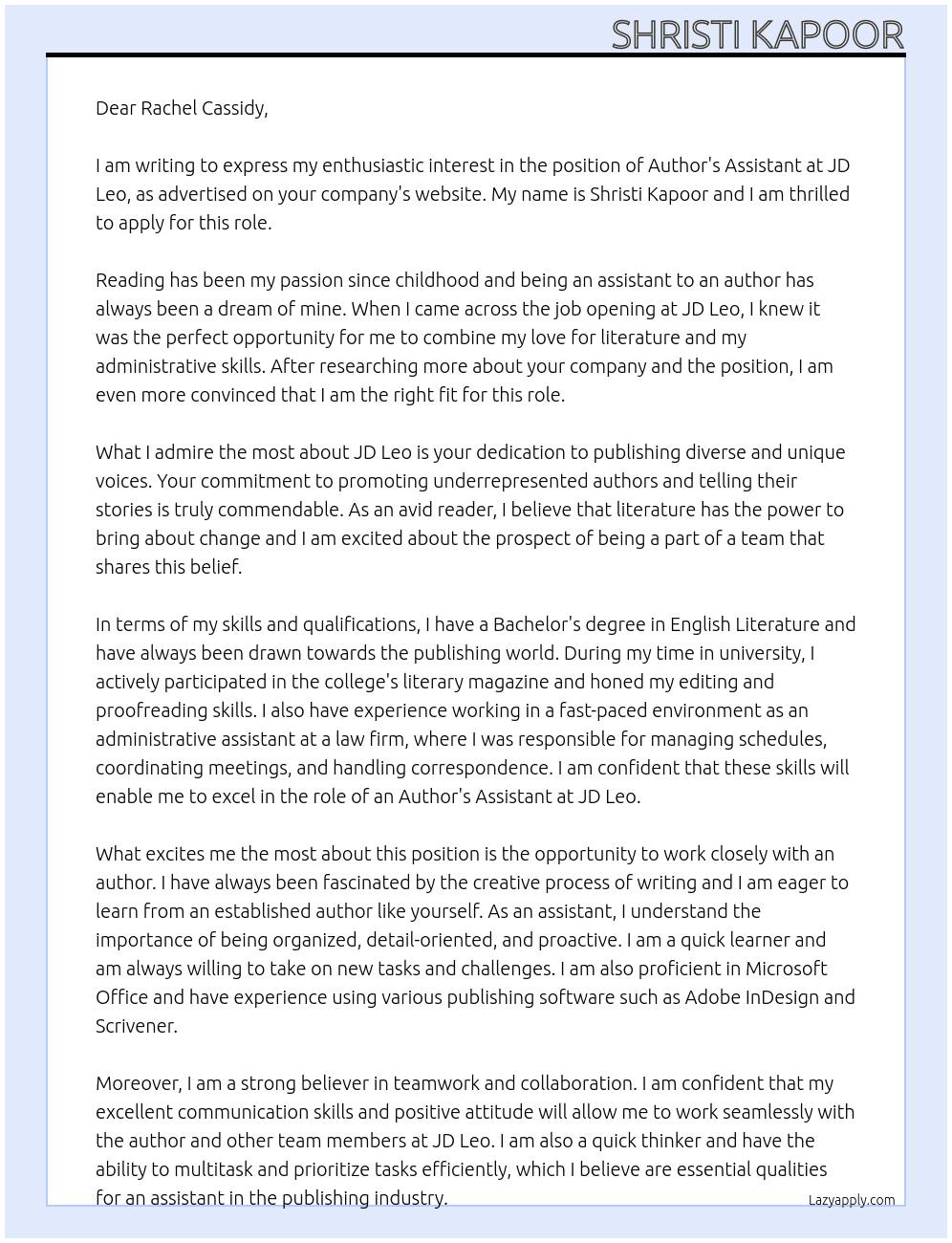 Author's Assistant At JD Leo Cover Letter
