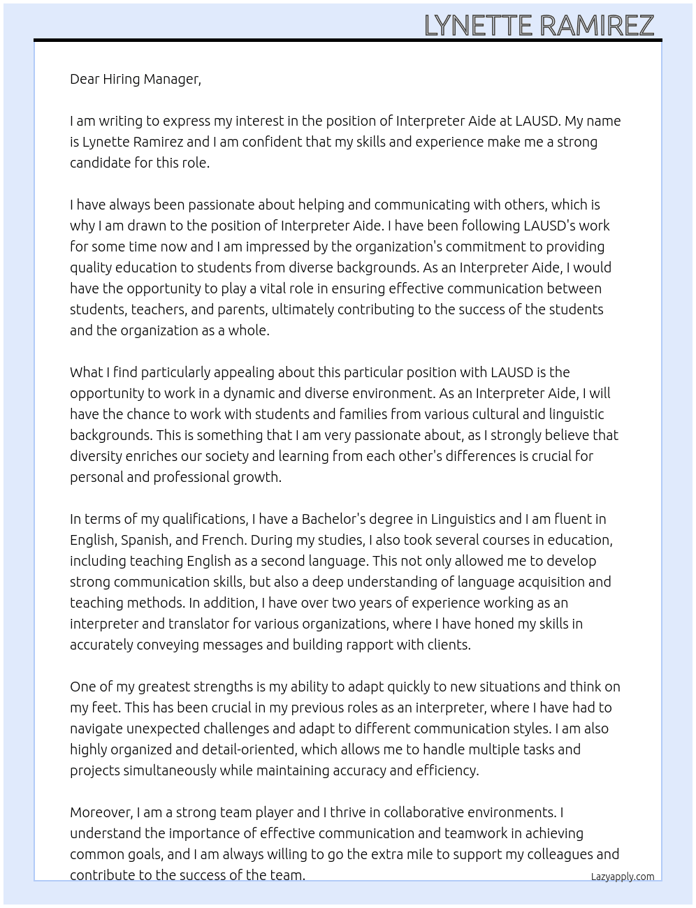 Interpreter Aide  At LAUSD  Cover Letter